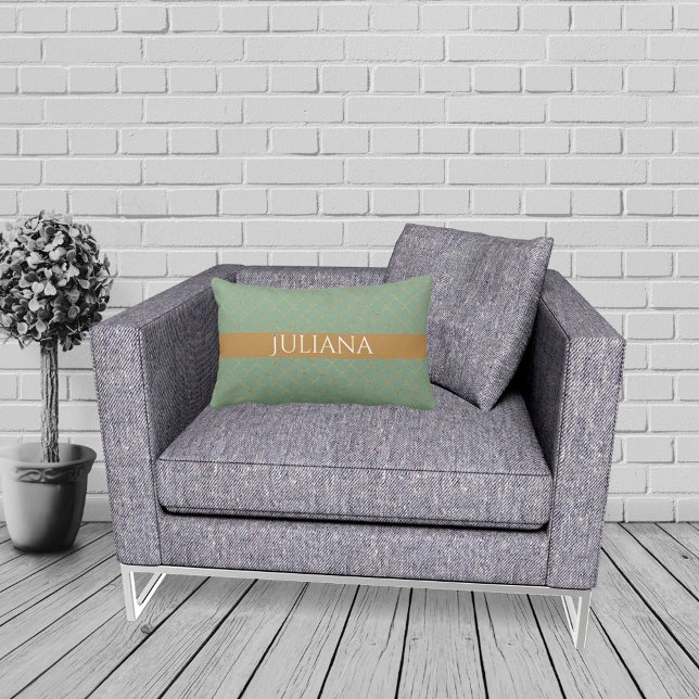 Coussin Rectangle Basil Green Gold Quatrefoil Personnalisé  (Créateur téléchargé)