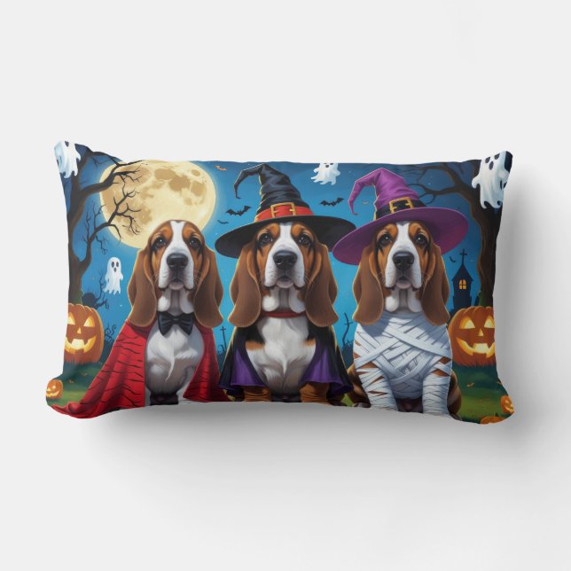 Coussin Rectangle Basset Hound Chiens Citrouille Halloween Funny (Recto)