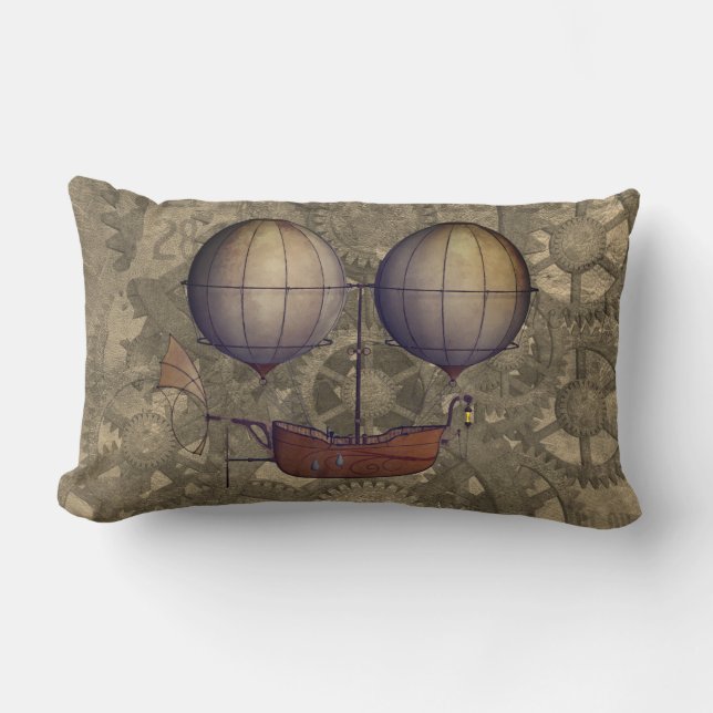 Coussin Rectangle Bateau Steampunk Dirigible Blimp & Cogs (Recto)