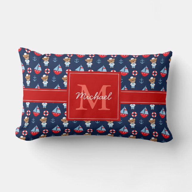 Coussin Rectangle Bateaux à voile et ours Motif Monogramme (Recto)