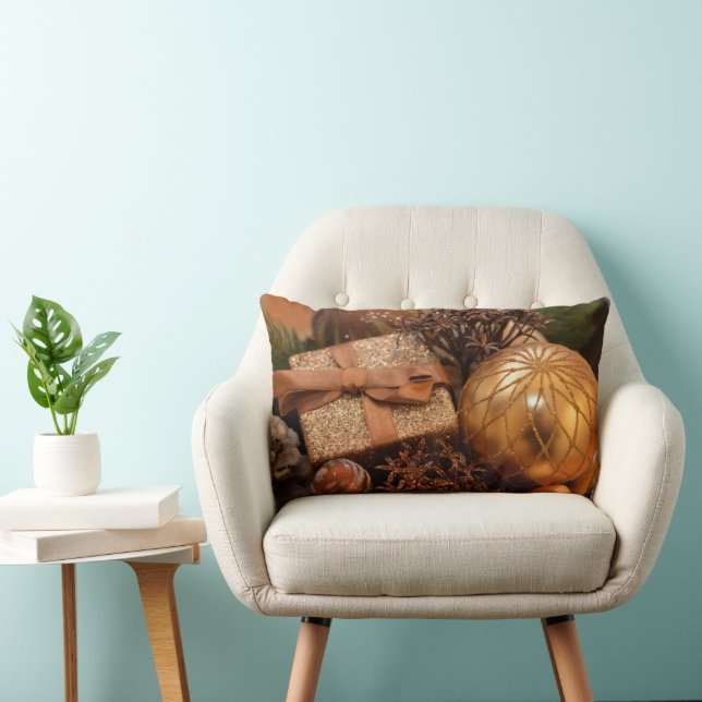 Coussin Rectangle Bauble d'or et cadeau de Noël (Chaise)
