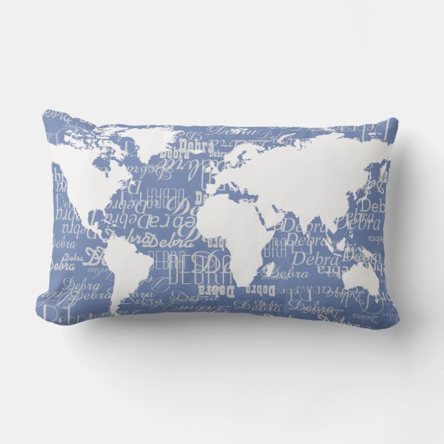 Coussin Rectangle beau motif de noms & plan du monde sur bleu (Recto)