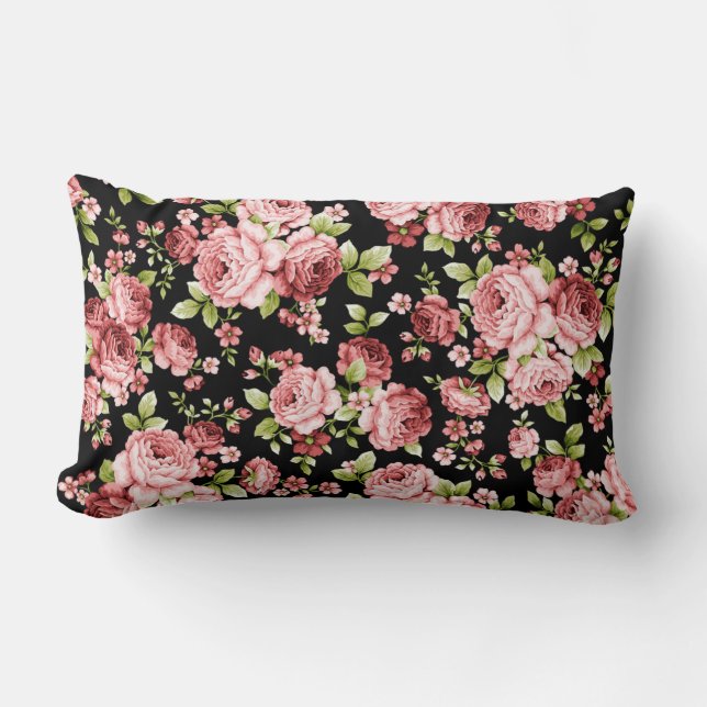 Coussin Rectangle Beau Roses à motifs floraux avec feuillage vert (Recto)