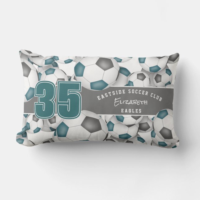 Coussin Rectangle Beaucoup de balles de football gris turquoise coul (Recto)