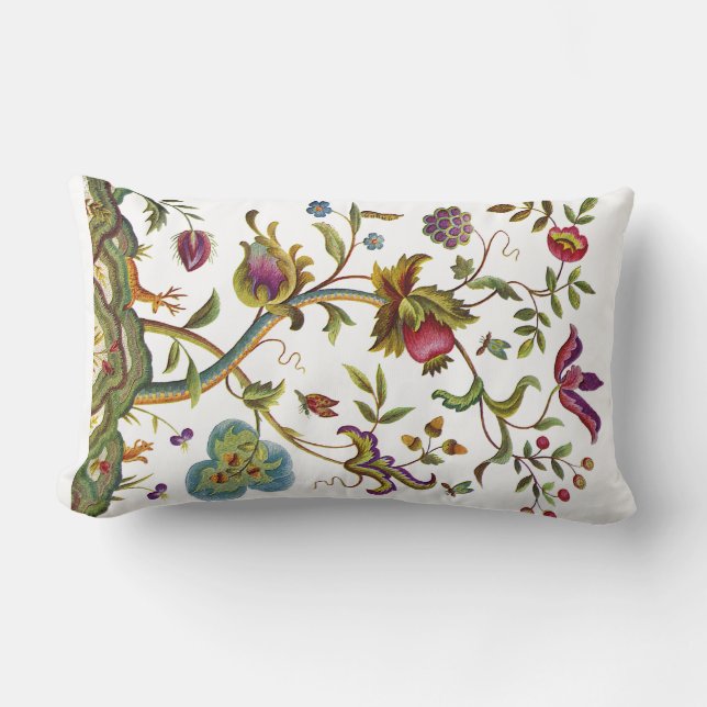 Coussin Rectangle Belle broderie traditionnelle Jacobéenne Crewel (Recto)