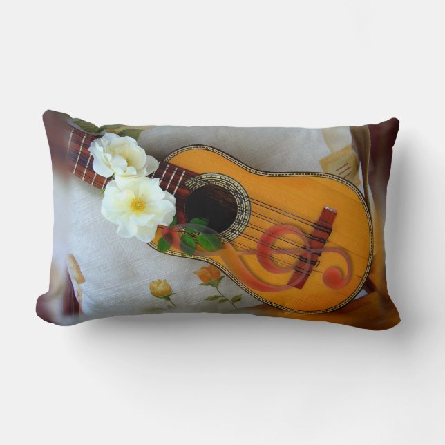 Coussin Rectangle Belle guitare acoustique note de musique lin blanc (Recto)