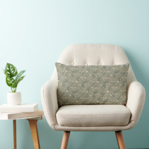 Coussin Rectangle Belles Fleurs sur Vert Sauge, Tons Terreux Atténué