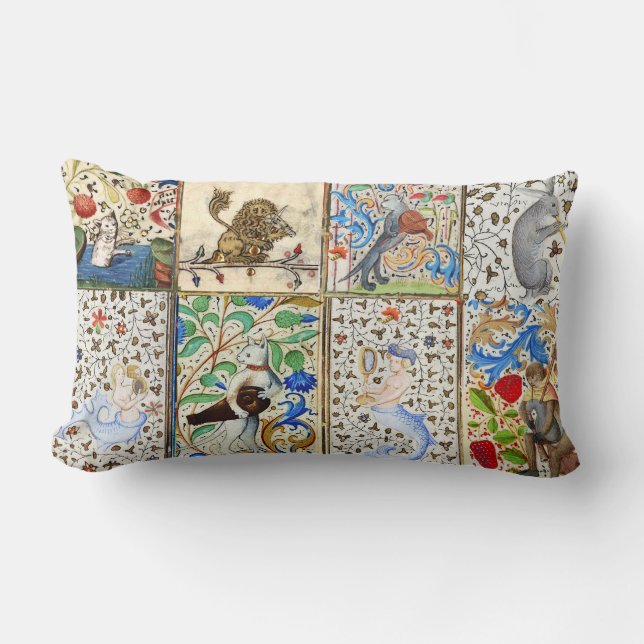 COUSSIN RECTANGLE BESTIAIRE MÉDIÉVAL JOUER DES INSTRUMENTS MUSICAUX (Recto)