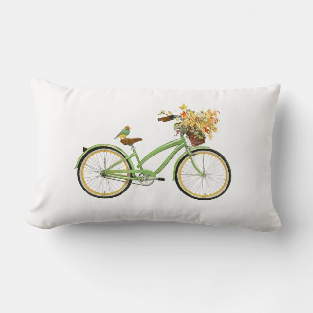 Coussin Rectangle Bicycle With Bird and Flower Basket Green Yellow (Recto)