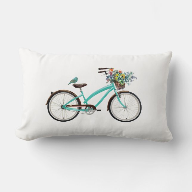 Coussin Rectangle Bicycle With Bird and Flower Basket Turquoise Blue (Recto)