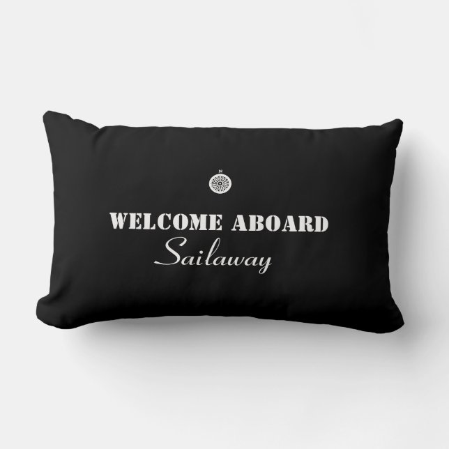 Coussin Rectangle Bienvenue à bord bateau nautique noir blanc (Recto)