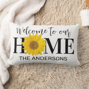 Coussin Rectangle Bienvenue chez nous Nom de famille Tournesol Blanc