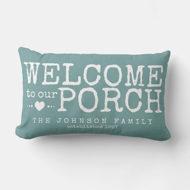 Coussin Rectangle Bienvenue dans notre famille Porch Custom | Aqua & (Recto)