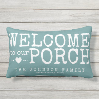 Coussin Rectangle Bienvenue dans notre famille Porch Custom | Aqua &