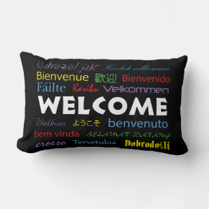 Coussin Rectangle Bienvenue dans plusieurs langues Noir coloré