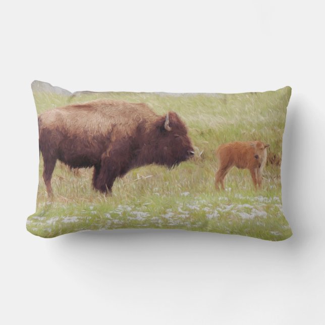 Coussin Rectangle Bison et veau dans le parc national de Yellowstone (Recto)