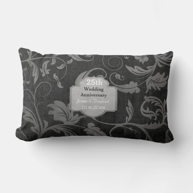 Coussin Rectangle Black and Silver Damask 25e anniversaire de Mariag (Recto)