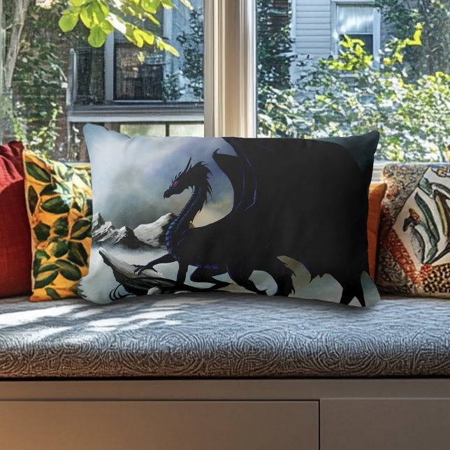 Coussin Rectangle Black Dragon Fantasy Montagnes Bleues (Créateur téléchargé)