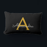 Coussin Rectangle Black Gold Girl Script Monogramme Nom Moderne<br><div class="desc">Monogramme or et noir Ajoutez votre propre nom Lumbar Coussin. Cela rend le cadeau parfait pour 16 ans,  mariage,  douche nuptiale,  anniversaire,  baby shower ou bachelorette pour quelqu'un qui aime le luxe glam et les styles chic.</div>
