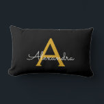 Coussin Rectangle Black Gold Girl Script Monogramme Nom Moderne<br><div class="desc">Monogramme or et noir Ajoutez votre propre nom Lumbar Coussin. Cela rend le cadeau parfait pour 16 ans,  mariage,  douche nuptiale,  anniversaire,  baby shower ou bachelorette pour quelqu'un qui aime le luxe glam et les styles chic.</div>