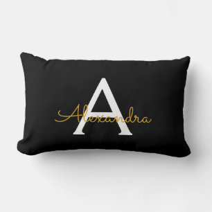 Coussin Rectangle Black Gold Girl Script Monogramme Nom Moderne