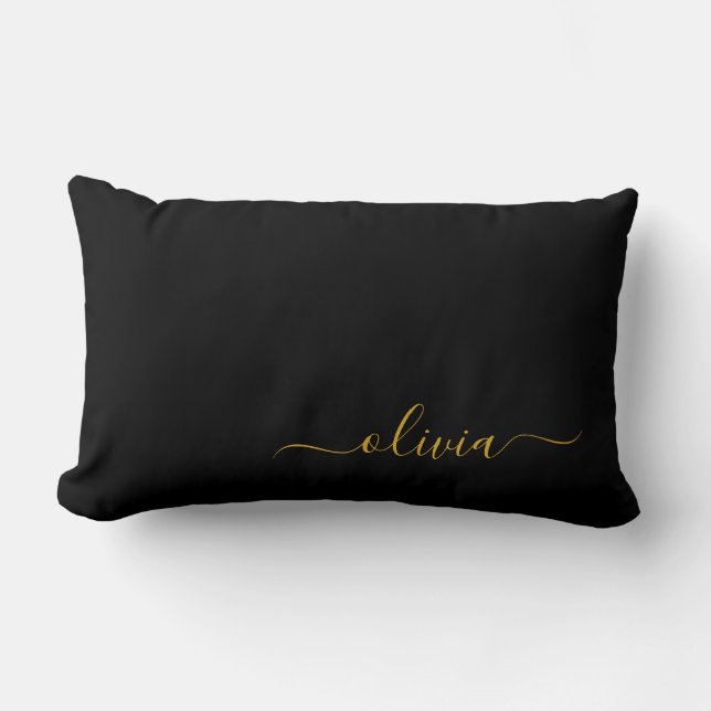 Coussin Rectangle Black Gold Girl Script Monogramme Nom Moderne (Recto)