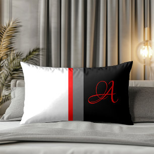Coussin Rectangle Blanc avec monogramme, rayé de rouge, gris, noir