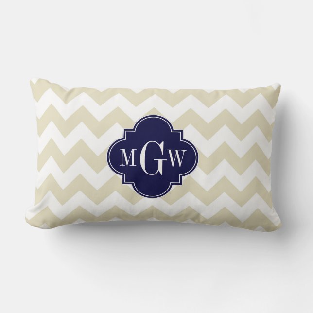 Coussin Rectangle Blanc Beige Chevron Marine Quatrefeuilles 3 Monogr (Recto)