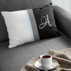 Coussin Rectangle Blanc Monogrammé, Bleu, Gris, Rayures Noires