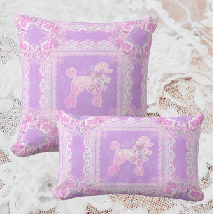 Coussin Rectangle Blanc Vintage Lilas Rose Dentelle Poodle Patchwork