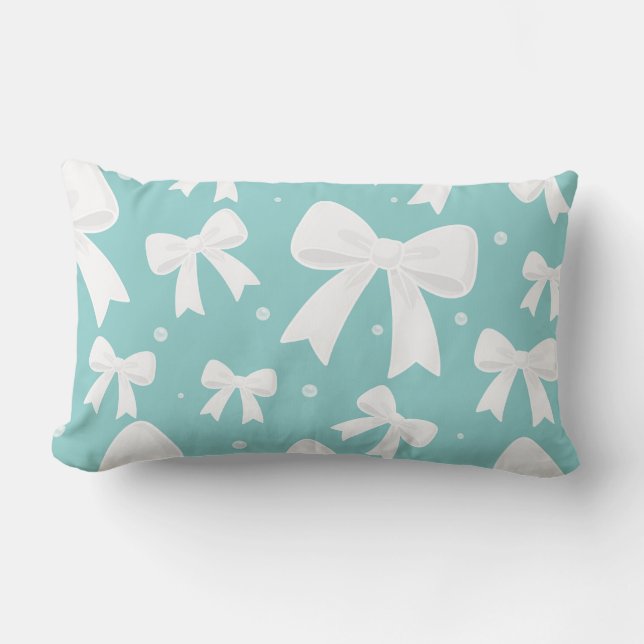 Coussin Rectangle Bleu avec perles et nœuds blancs Coquette  (Recto)