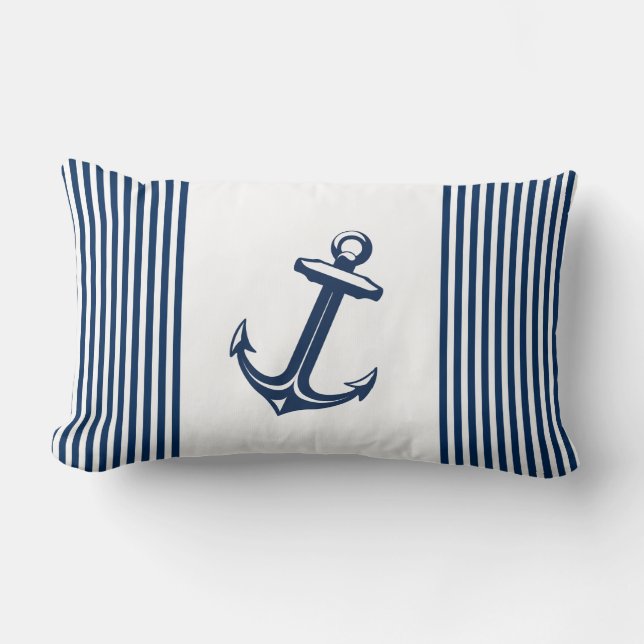 Coussin Rectangle Bleu Blanc Ancre Nautique (Recto)