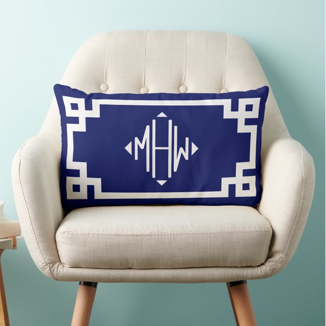 Coussin Rectangle Bleu Blanc Clé Grecque #2 Monogramme Diamant DIY B (Créateur téléchargé)