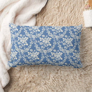 Coussin Rectangle Bleu Blanc Floral Motif Botanique Chic