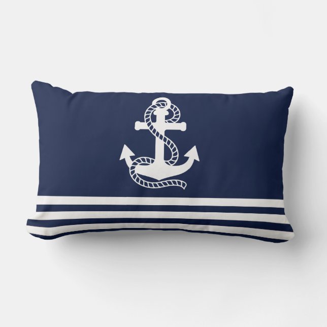 Coussin Rectangle Bleu bleu marine Blancs et Ancre blanche (Recto)