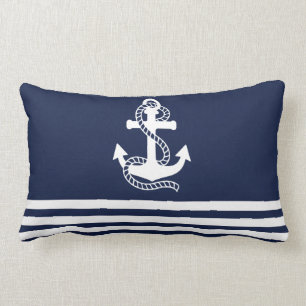 Coussin Rectangle Bleu bleu marine Blancs et Ancre blanche