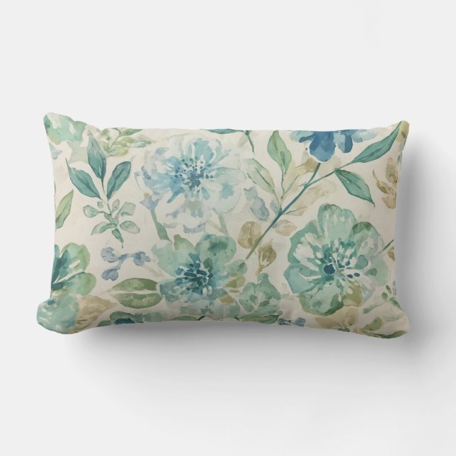 Coussin Rectangle Bleu Ciel Turquoise Vert Beige Crème Floral Abstra (Recto)