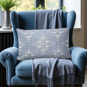 Coussin Rectangle Bleu damassé argent pâle