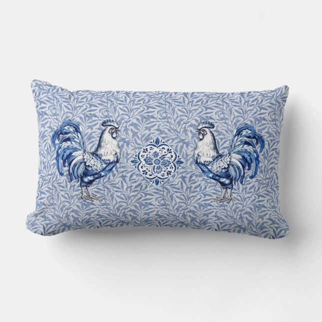 Coussin Rectangle Bleu Delft Et Poulet Blanc Rooster (Recto)