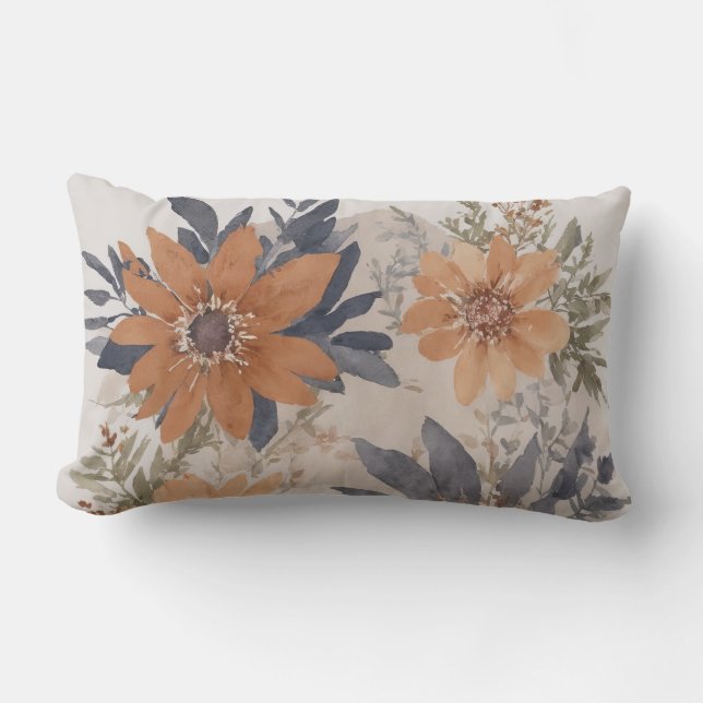 Coussin Rectangle Bleu Dusté et Orange Aquarelle floral (Recto)