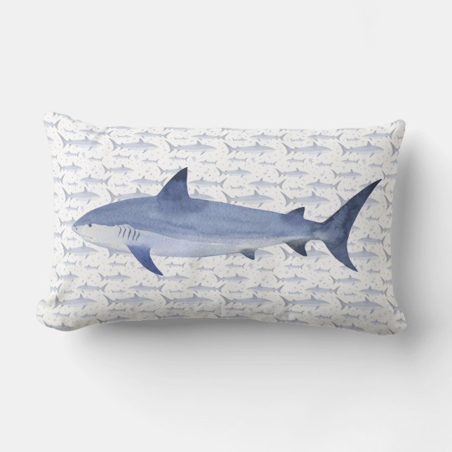 Coussin Rectangle Bleu et blanc Aquarelle Nautique #Shark Motif (Recto)