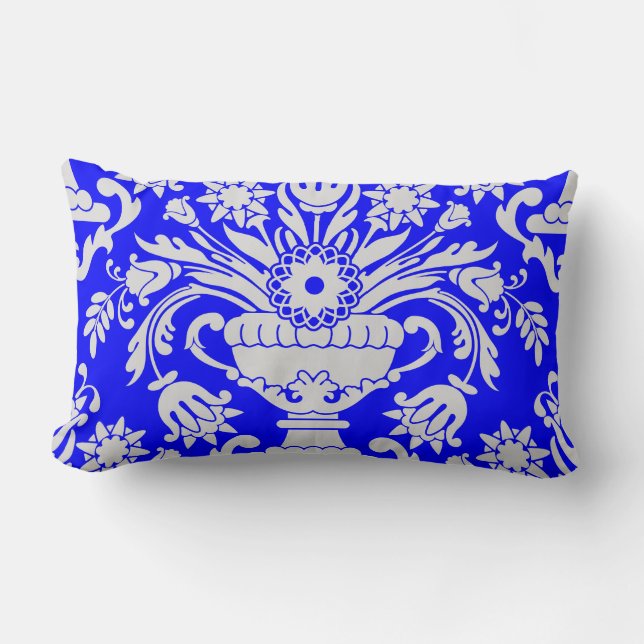 Coussin Rectangle Bleu et blanc Damas motif floral élégant (Recto)