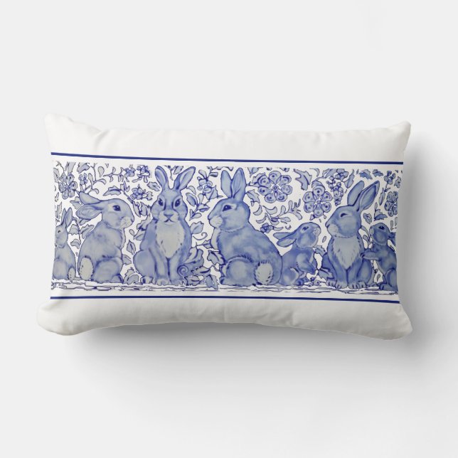 Coussin Rectangle Bleu et blanc Lapin Bois Bunny Delft Dedham (Recto)
