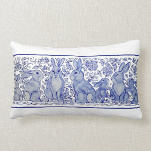 Coussin Rectangle Bleu et blanc Lapin Bois Bunny Delft Dedham