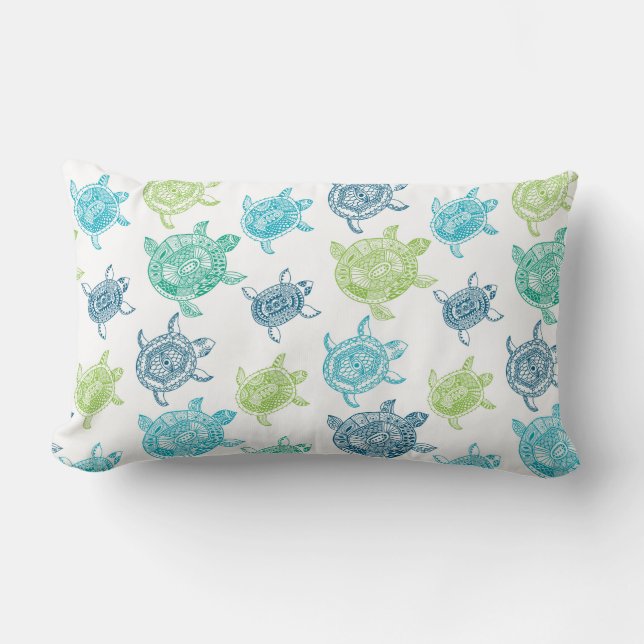 Coussin Rectangle Bleu marine+Aqua+Vert de chaux+Tortues de mer (Recto)