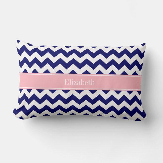 Coussin Rectangle Bleu marine blanc chevron zig zag rose nom monogra (Recto)