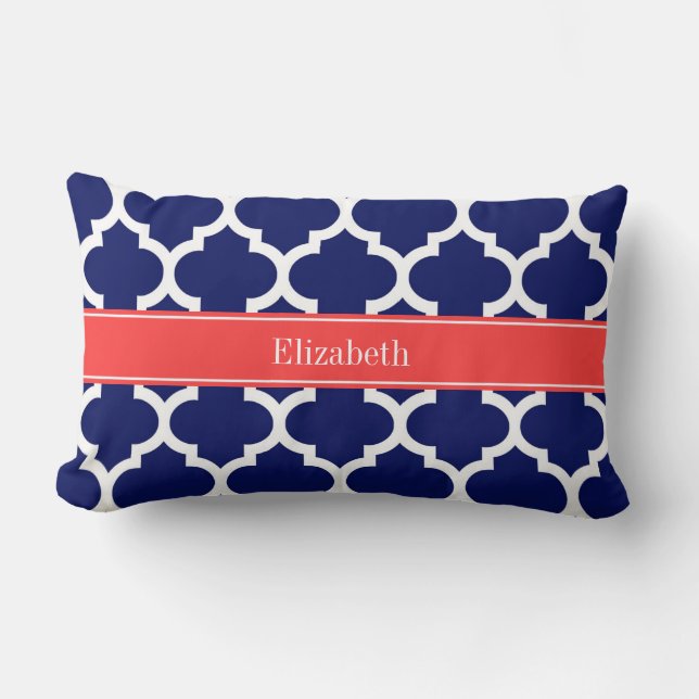 Coussin Rectangle Bleu Marine Blanc Marocain #5 Rouge Corail Nom Mon (Recto)