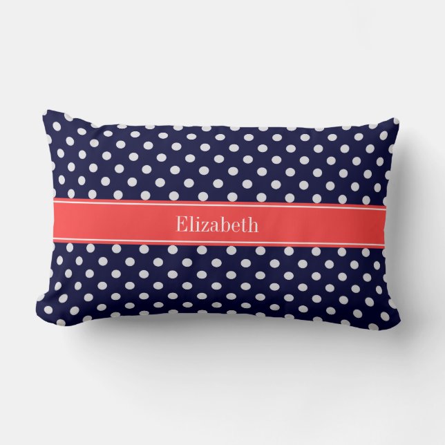 Coussin Rectangle Bleu Marine Blanc Points de Polka Corail Monogramm (Recto)