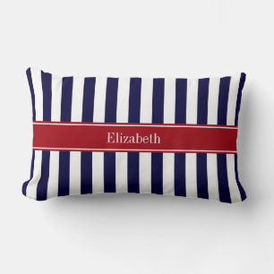 Coussin Rectangle Bleu Marine Blanc Rayure Cranberry Monogramme Nom