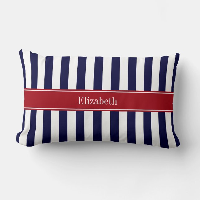 Coussin Rectangle Bleu Marine Blanc Rayure Cranberry Monogramme Nom (Recto)